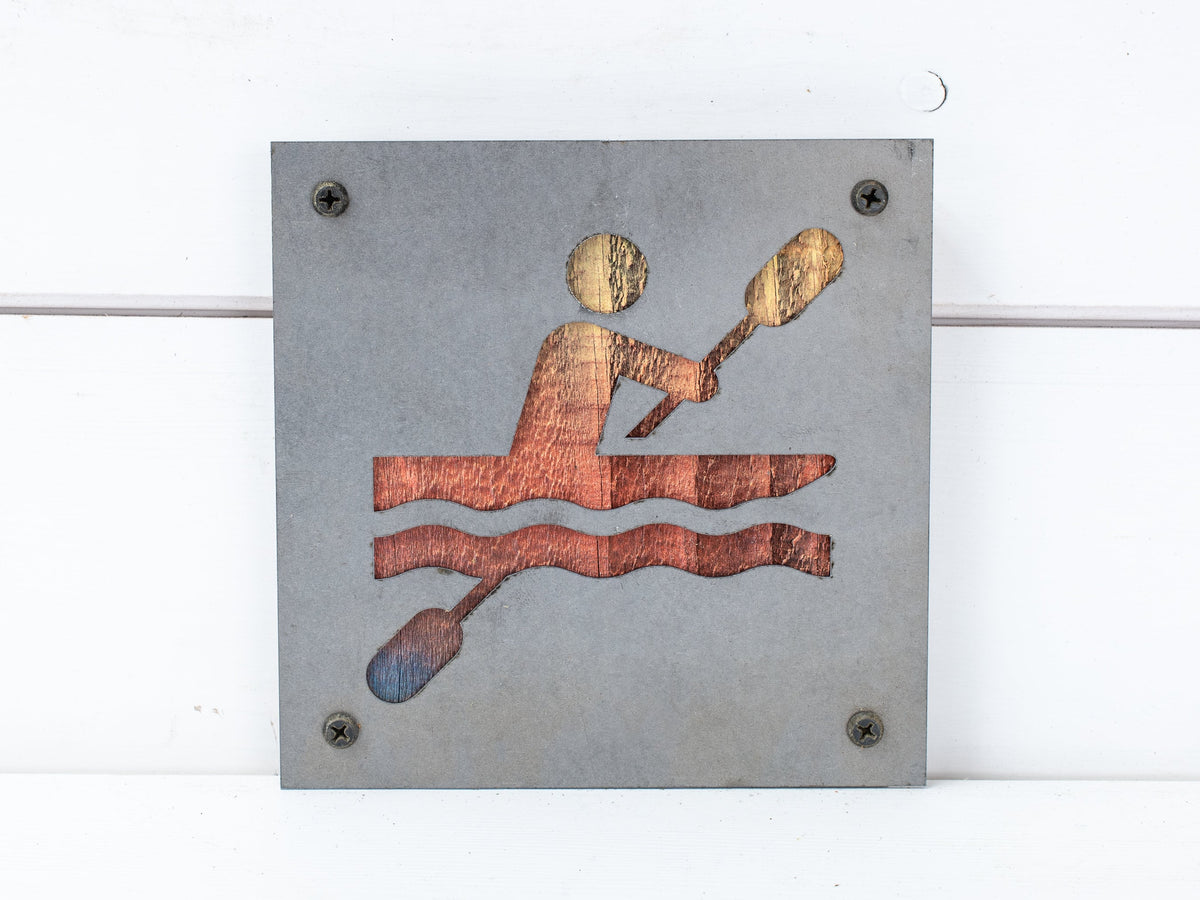 Kayak Metal Wall Art on Reclaimed Wood, Kayaking Sign, Lake House Decor, 5.5 Inch Square Steel Sign, Kayak Gift, Paddlin