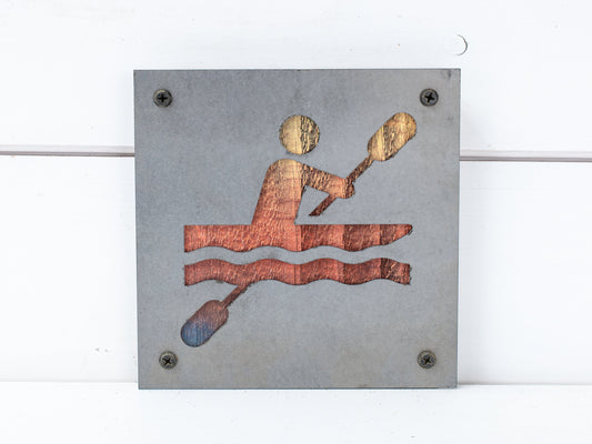 Kayak Metal Wall Art on Reclaimed Wood, Kayaking Sign, Lake House Decor, 5.5 Inch Square Steel Sign, Kayak Gift, Paddlin