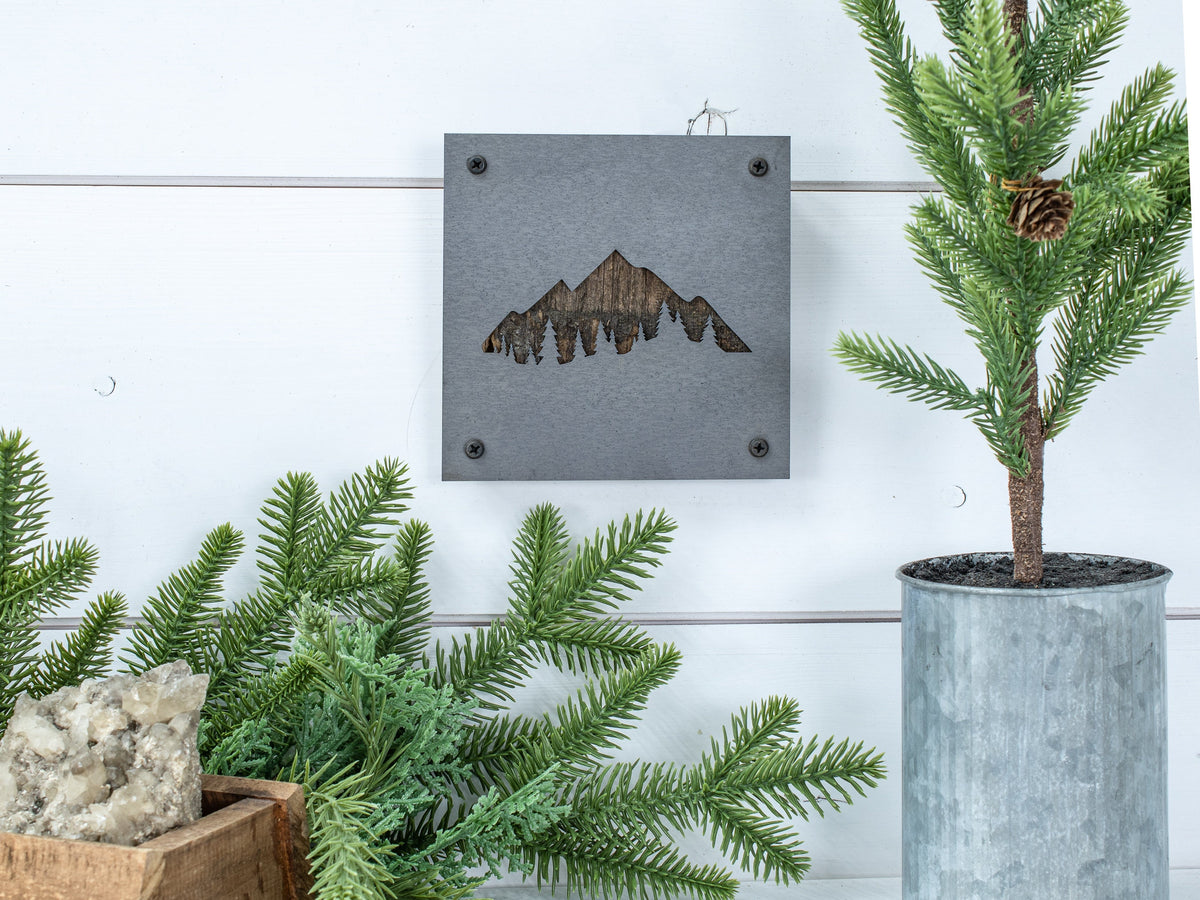 Mountains and Pine Trees Metal Wall Art on Reclaimed Wood, Cabin Decor