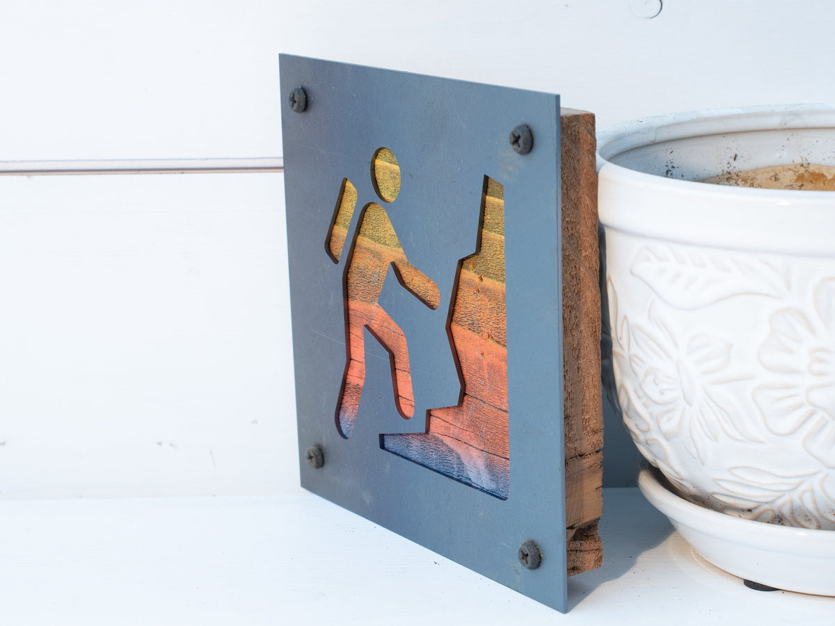 Mountain Climber Metal Wall Art on Reclaimed Wood, Mountaineering Sign, Climber Gift, 5.5 Inch Square Steel Sign, Hiking Wall Art
