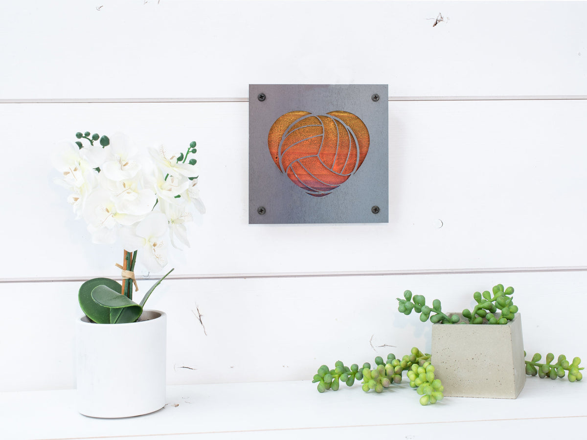 Volleyball Heart Metal Wall Art on Reclaimed Wood, Volleyball Gift, Team Gift, 5.5 Inch Square Steel Sign, Volleyball Decor
