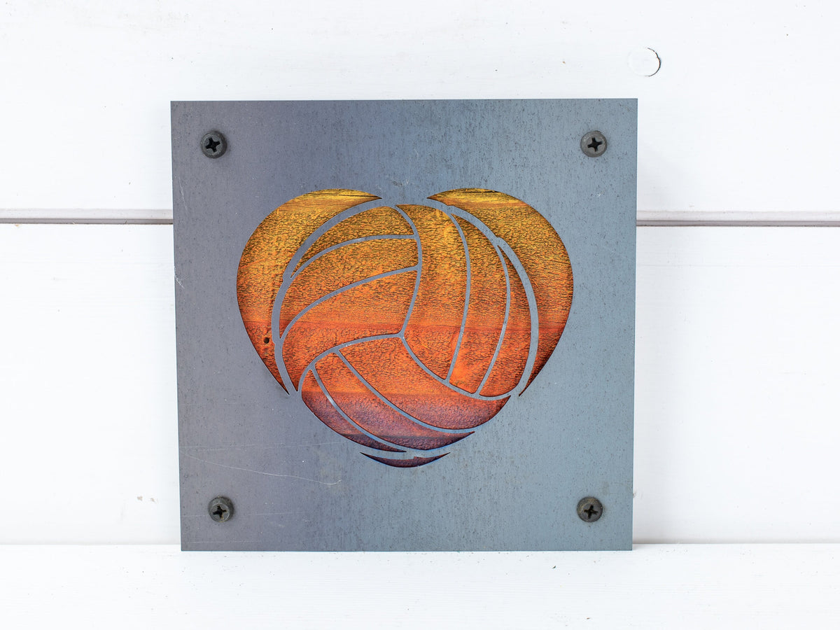 Volleyball Heart Metal Wall Art on Reclaimed Wood, Volleyball Gift, Team Gift, 5.5 Inch Square Steel Sign, Volleyball Decor