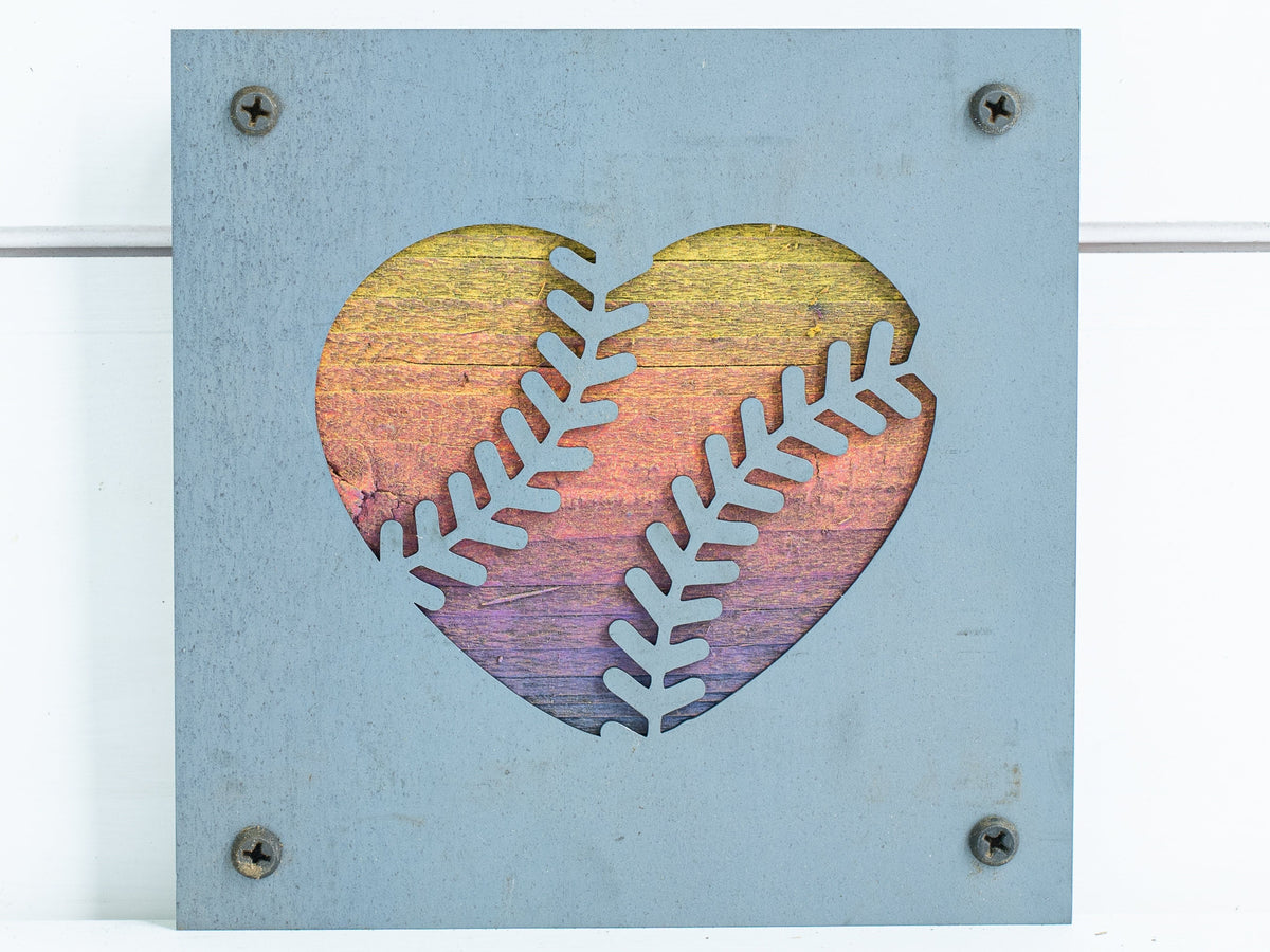 Baseball Heart Metal Wall Art on Reclaimed Wood, Softball Sign, Baseball Mom Gift, 5.5 Inch Square Steel Sign, Baseball Decor