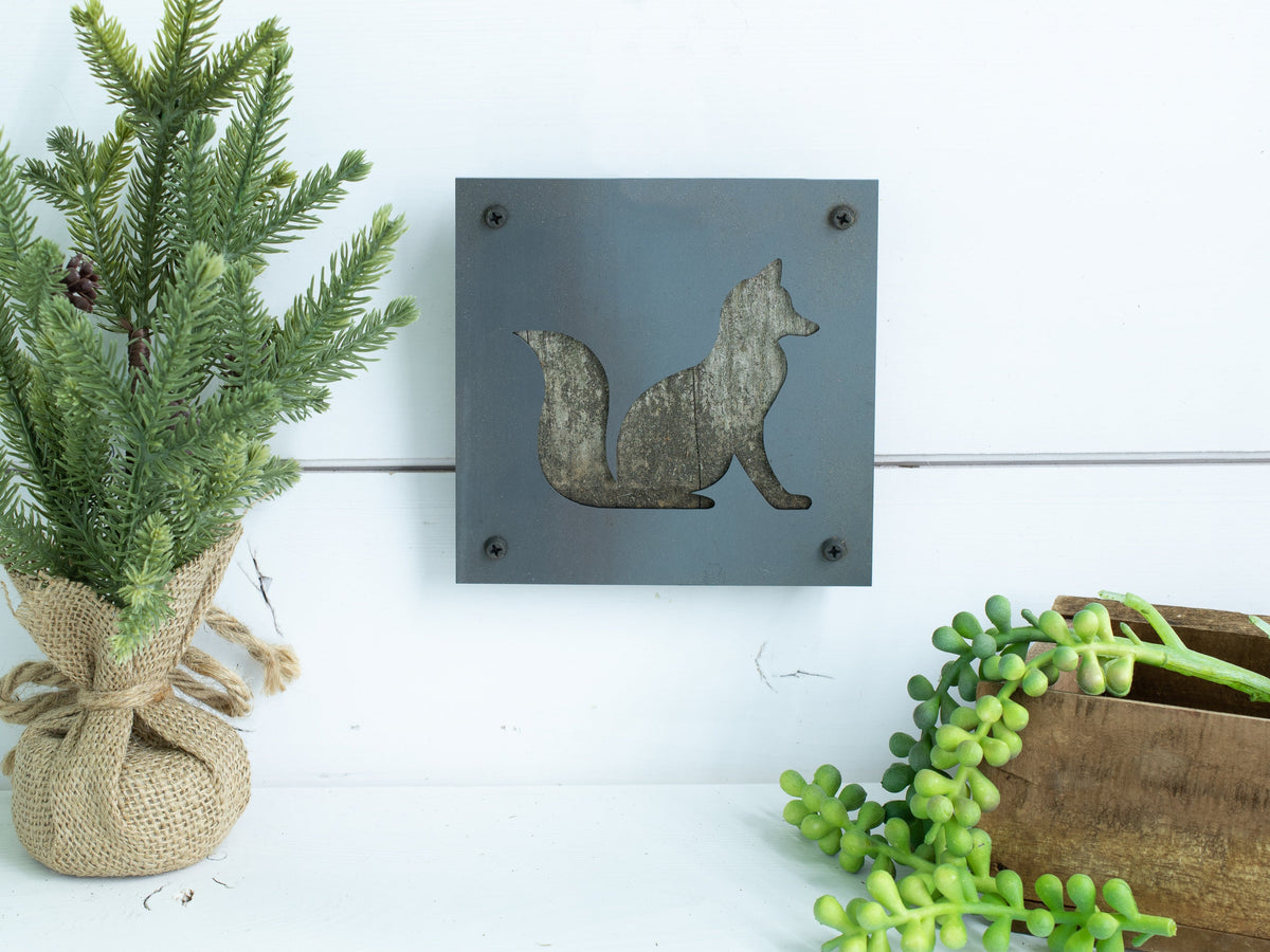 Fox Metal Wall Art on Reclaimed Wood, Woodland Nursery Decor, Fox Gift, 5.5 Inch Square Steel Sign, Woodland Animal Art, Housewarming Gift