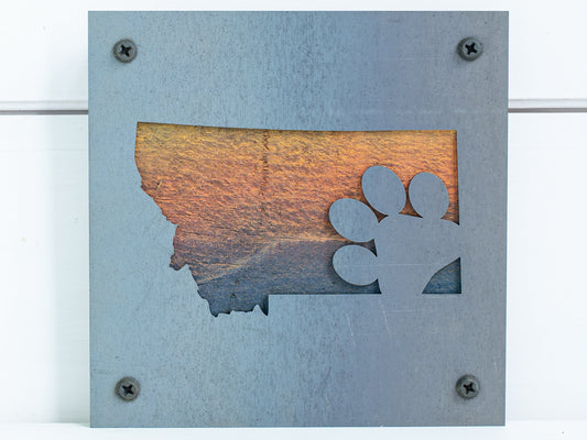 Montana Paw Print Metal Wall Art on Reclaimed Wood, Dog Lover Gift, Pet Sign