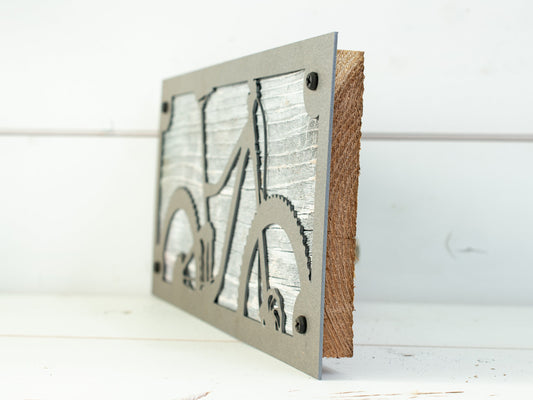 Mountain Bike Trail Metal Wall Art on Reclaimed Wood, Garage Decor, Biker Gift, 12.5 Inch Wide Steel Sign, Cyclist Gift,