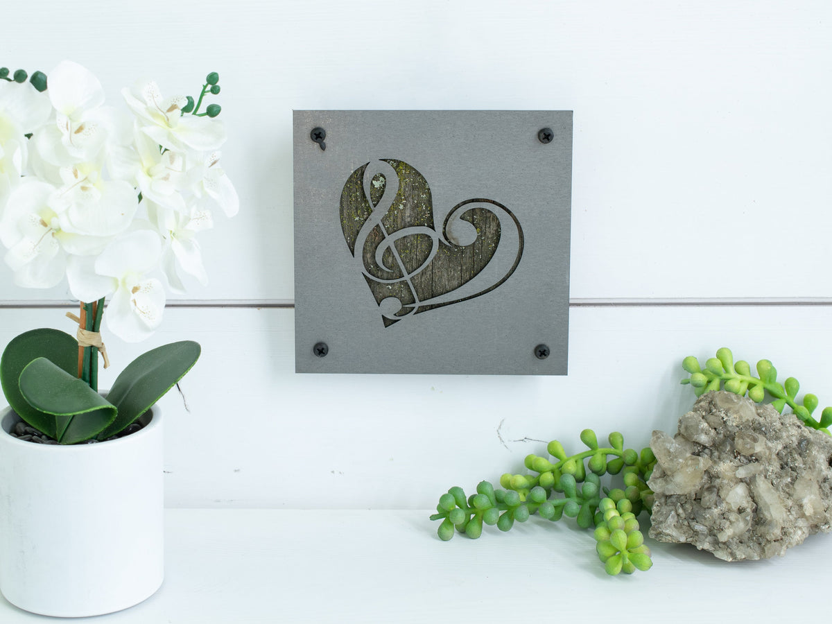 Music Heart Metal Wall Art on Reclaimed Wood, Treble Clef Sign, Musician Gift, 5.5 Inch Square Steel Sign, Music Teacher Gift