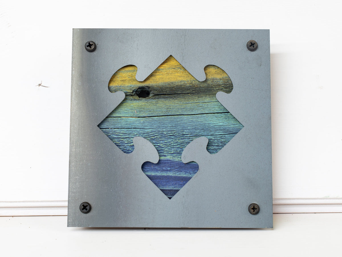 Puzzle Piece Metal Wall Art on Reclaimed Wood, Autism Awareness Gift, Family Sign, 5.5 Inch Square Steel Sign, Puzzle Piece Decor
