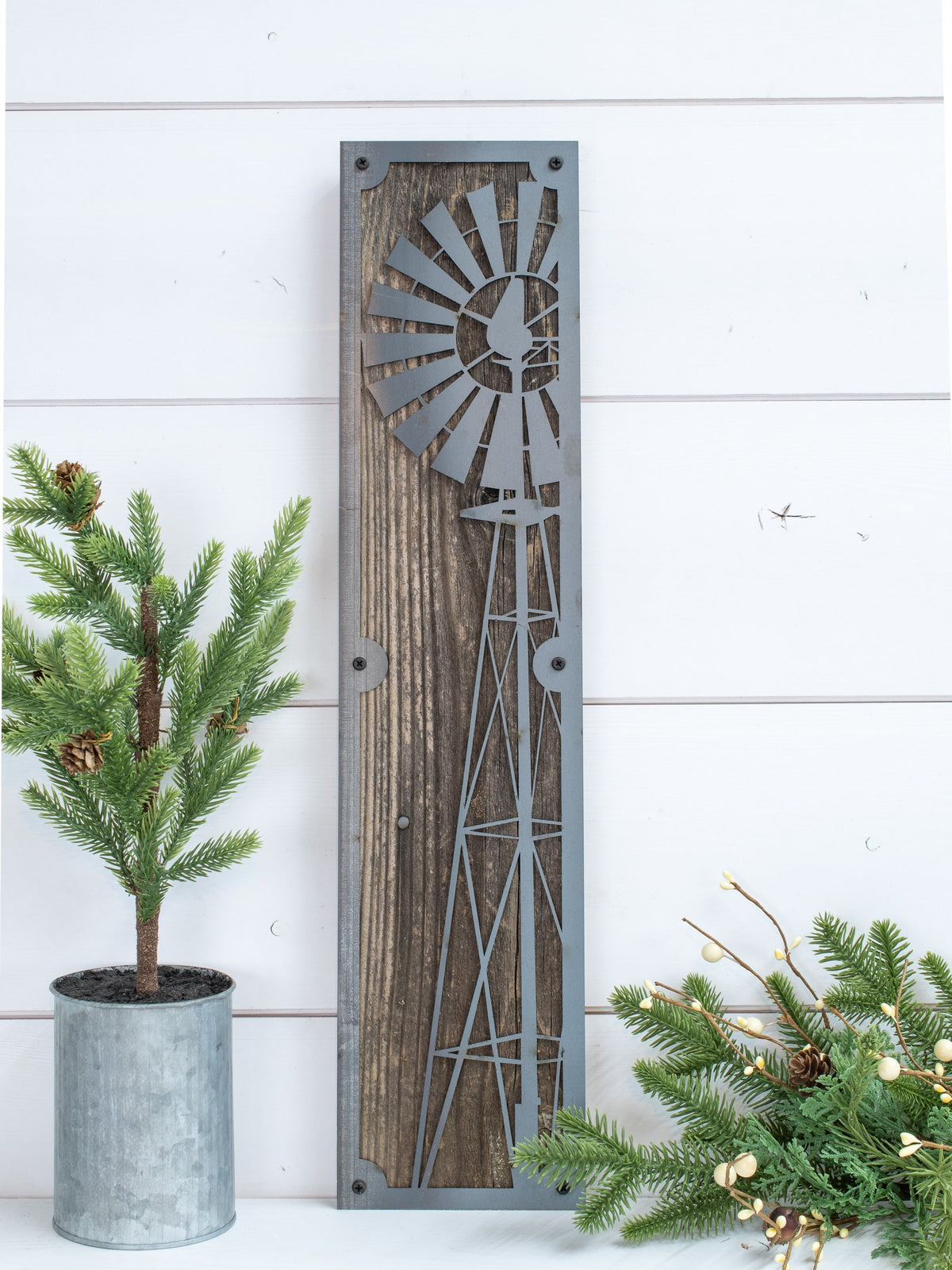 Windmill Metal Sign on Reclaimed Wood, Tall Western Ranch Decor, Farmhouse Gift