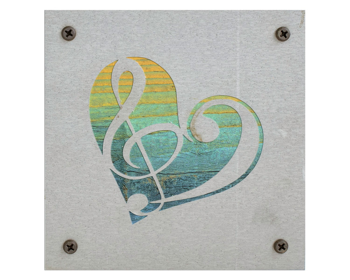 Music Heart Metal Wall Art on Reclaimed Wood, Treble Clef Sign, Musician Gift, 5.5 Inch Square Steel Sign, Music Teacher