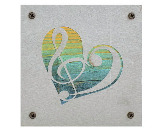 Music Heart Metal Wall Art on Reclaimed Wood, Treble Clef Sign, Musician Gift, 5.5 Inch Square Steel Sign, Music Teacher