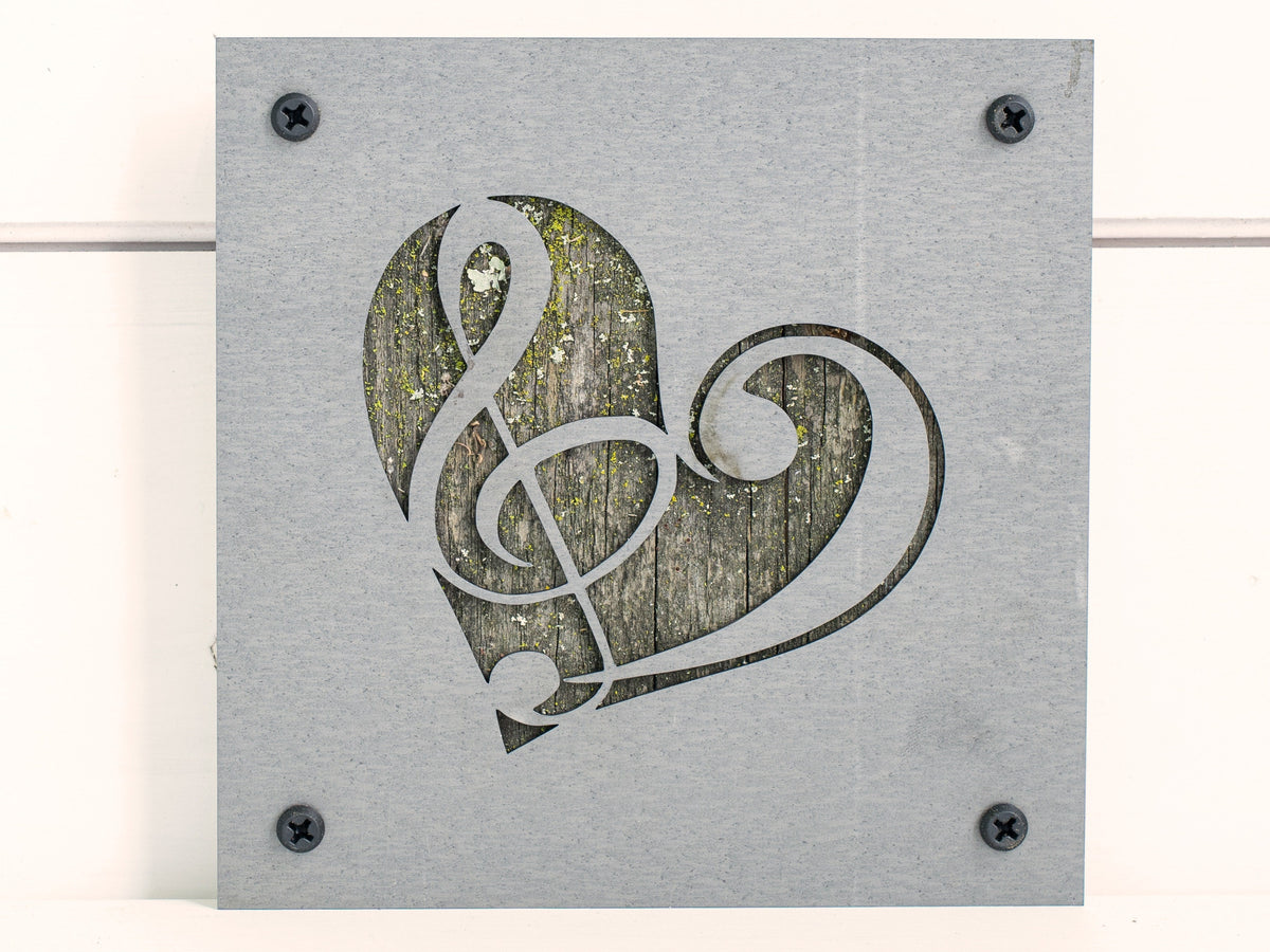 Music Heart Metal Wall Art on Reclaimed Wood, Treble Clef Sign, Musician Gift, 5.5 Inch Square Steel Sign, Music Teacher Gift