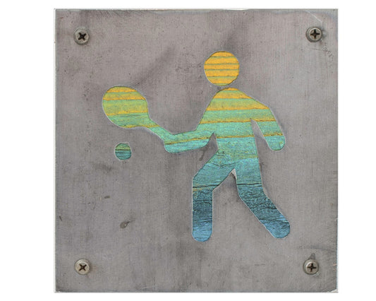 Tennis Player Metal Wall Art on Reclaimed Wood, Tennis Sign, Tennis Gift, 5.5 Inch Square Steel Sign, Tennis Coach Gift,