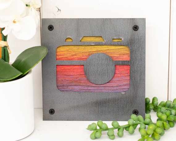 Camera Metal Wall Art on Reclaimed Wood, Photography Sign, Photographer Gift, 5.5 Inch Square Steel Sign, Photography Decor