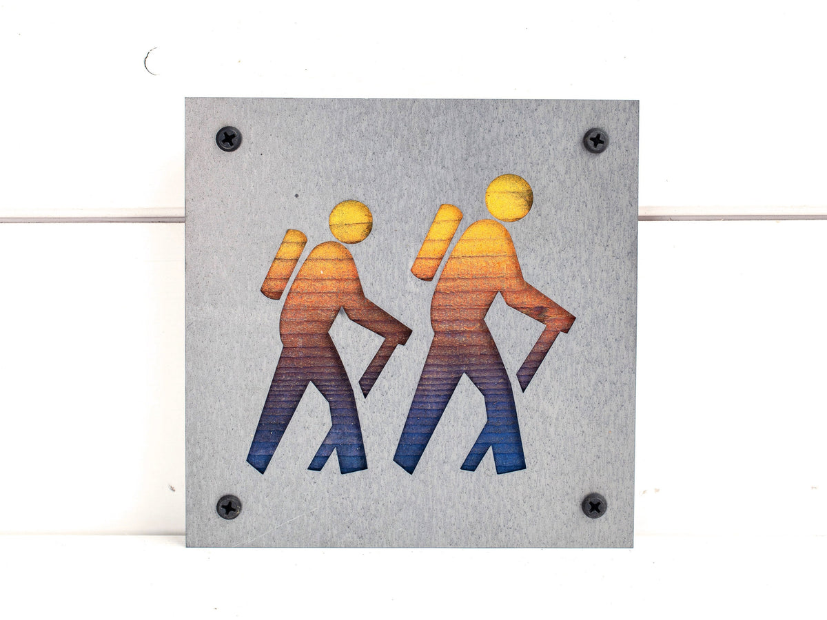 Hiking Couple Metal Wall Art on Reclaimed Wood, Trail Sign, Hiker Anniversary Gift, 5.5 Inch Square Steel Sign, Housewarming Gift