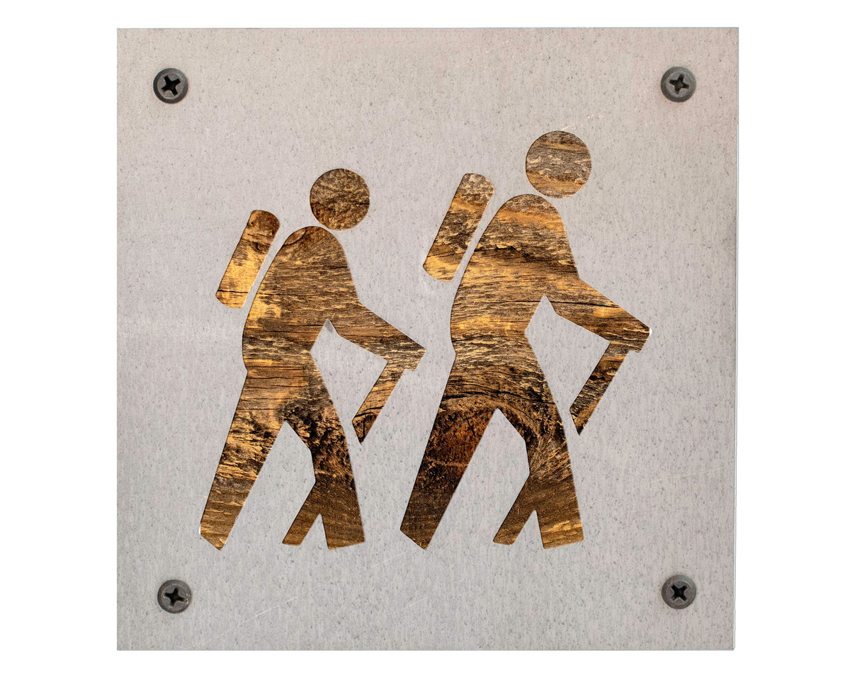 Hiking Couple Metal Wall Art on Reclaimed Wood, Trail Sign, Hiker Anniversary Gift, 5.5 Inch Square Steel Sign, Housewarming Gift