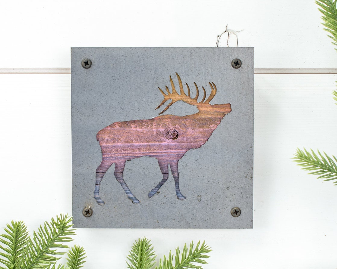 Elk Metal Wall Art on Reclaimed Wood, Rustic Cabin Decor, Elk Hunter Gift