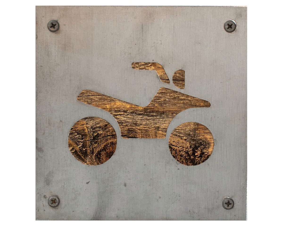 Four Wheeler Metal Wall Art on Reclaimed Wood, ATV Sign, Off Road Gift, 5.5 Inch Square Steel Sign, Off Road Decor, Quad Bike Sign