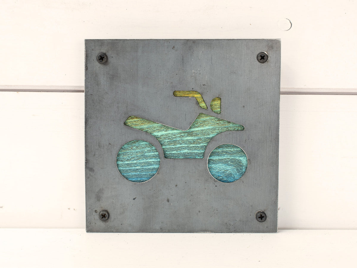Four Wheeler Metal Wall Art on Reclaimed Wood, ATV Sign, Off Road Gift, 5.5 Inch Square Steel Sign, Off Road Decor, Quad Bike Sign