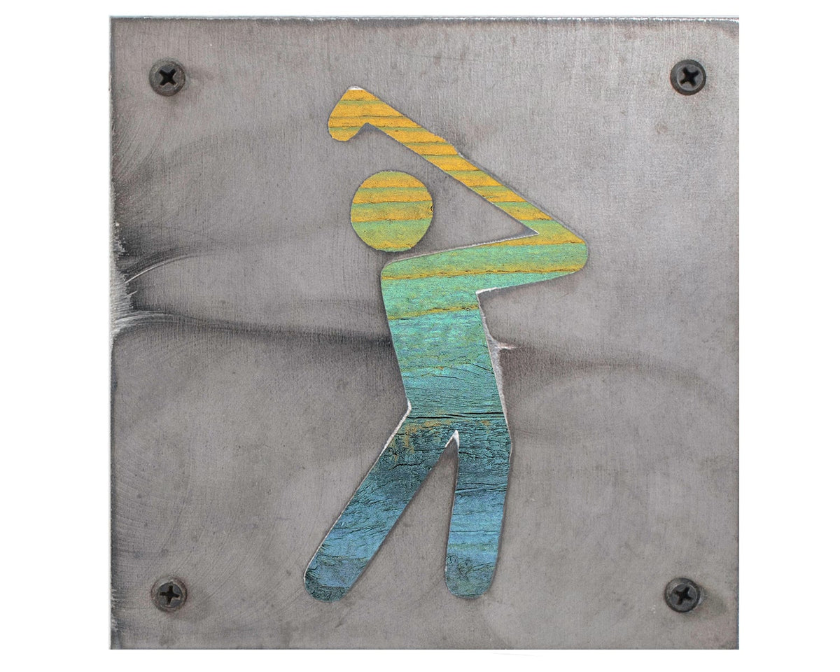 Golfer Metal Wall Art on Reclaimed Wood, Golf Sign, Golf Gift for Dad, 5.5 Inch Square Steel Sign, Housewarming Gift