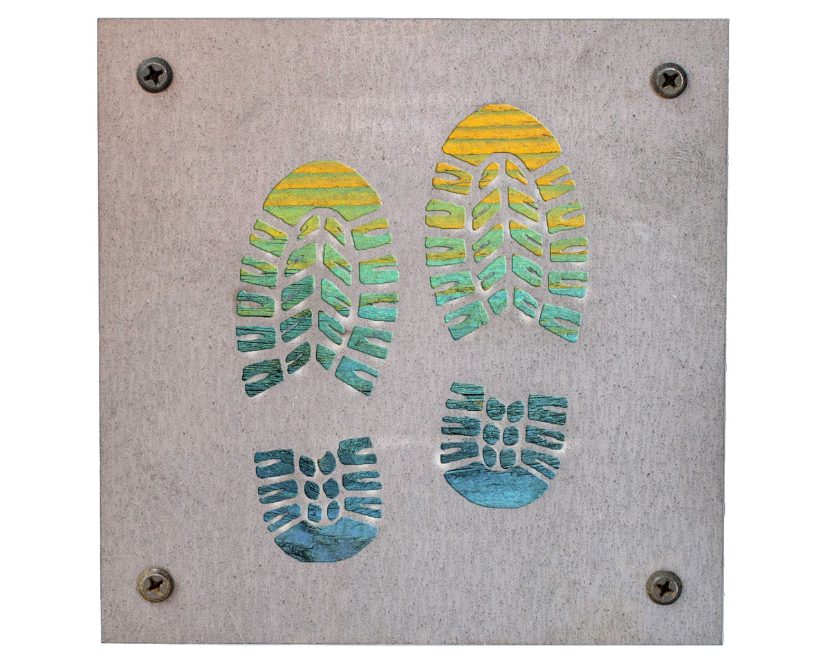 Hiking Boots Metal Wall Art on Reclaimed Wood, Trail Sign, Hiker Gift, 5.5 Inch Square Steel Sign, Hiking Decor, Backpac