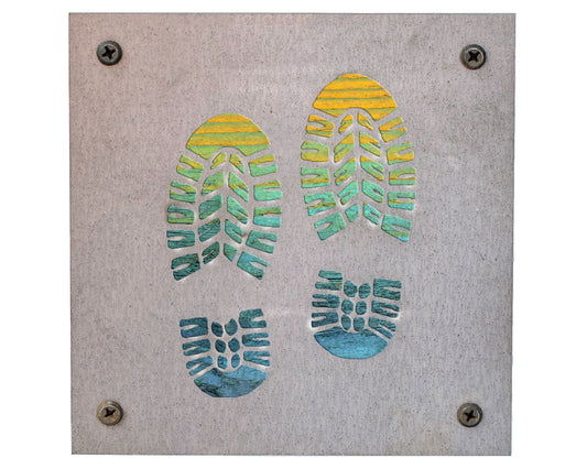 Hiking Boots Metal Wall Art on Reclaimed Wood, Trail Sign, Hiker Gift, 5.5 Inch Square Steel Sign, Hiking Decor, Backpac