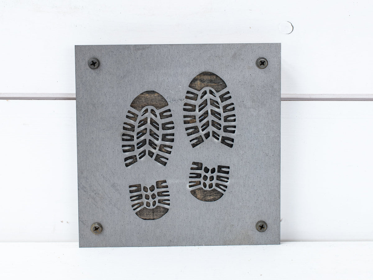 Hiking Boots Metal Wall Art on Reclaimed Wood, Trail Sign, Hiker Gift, 5.5 Inch Square Steel Sign, Hiking Decor, Backpacker Gift