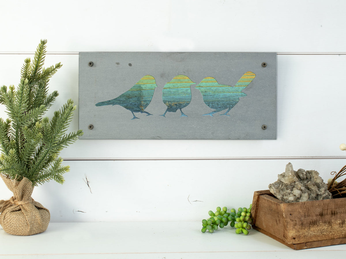 Three Little Birds Metal Wall Art on Reclaimed Wood, 12.5 Inch Bird Decor