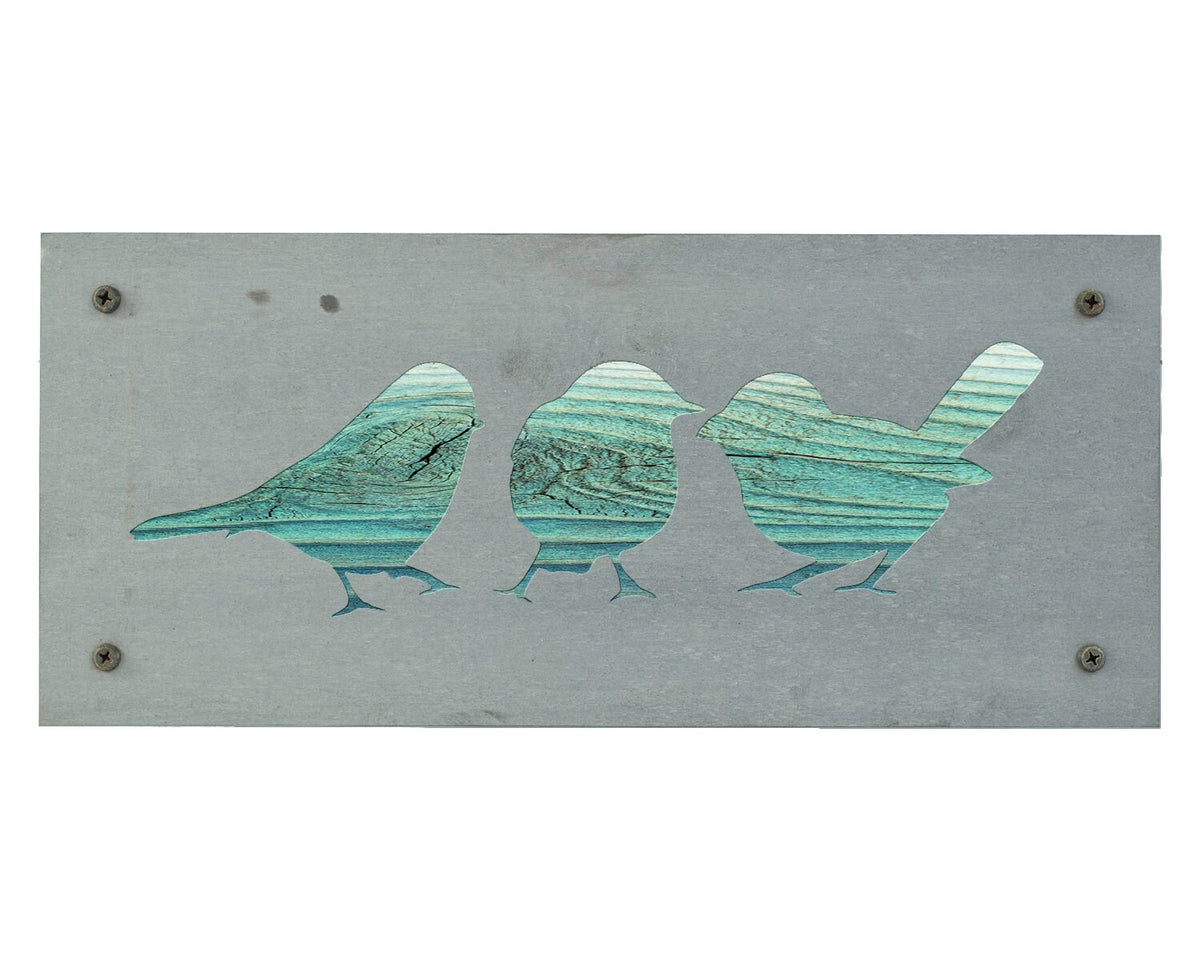 Three Birds on a Branch Metal Wall Art on Reclaimed Wood, Colorful Bird Decor