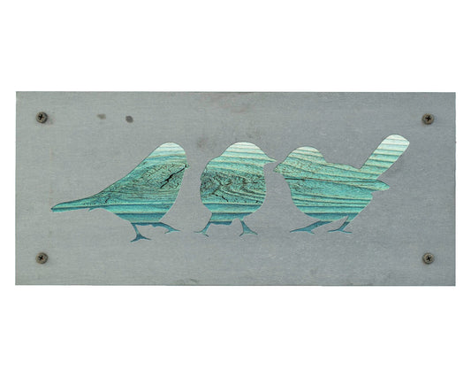 Three Birds on a Branch Metal Wall Art on Reclaimed Wood, Colorful Bird Decor