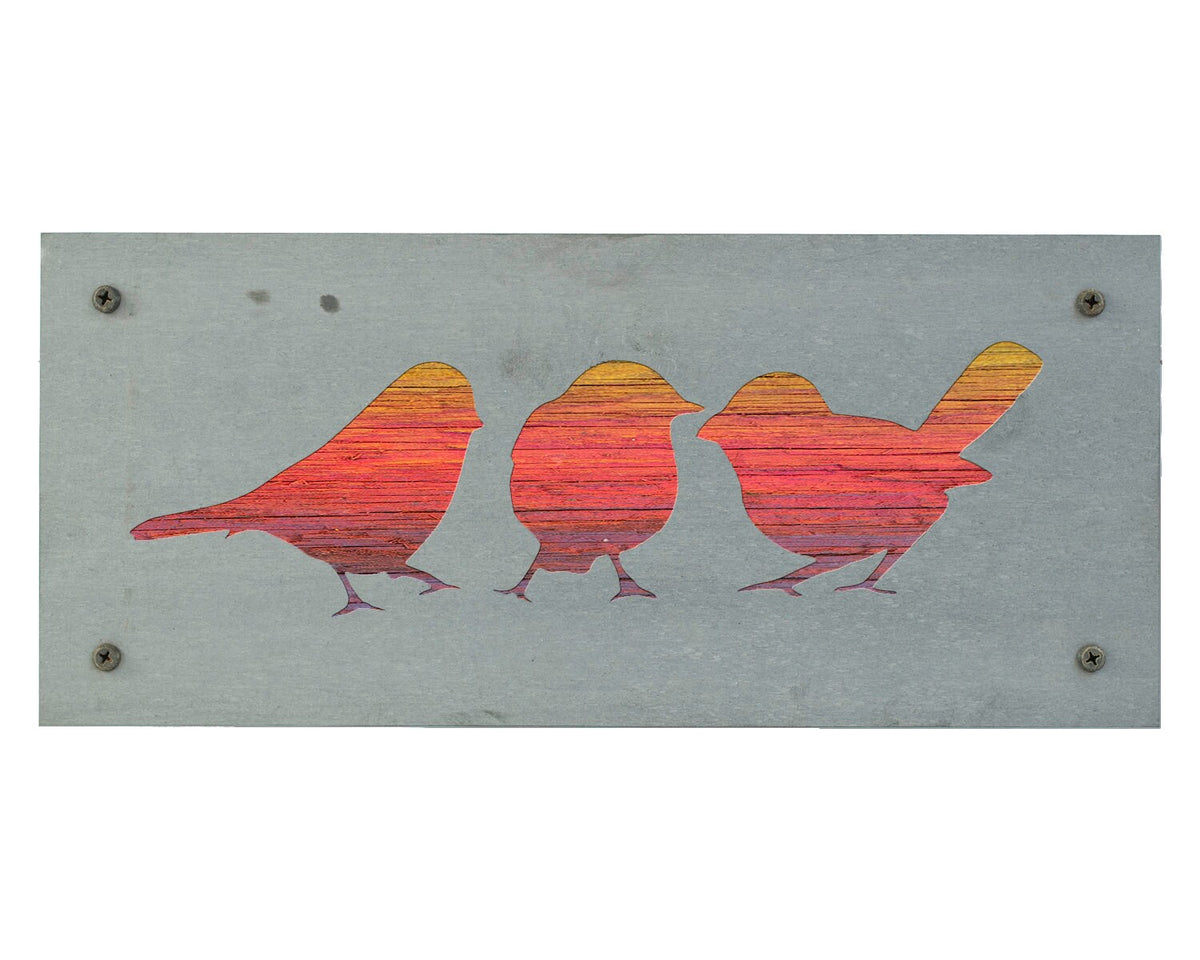 Three Birds on a Branch Metal Wall Art on Reclaimed Wood, Colorful Bird Decor