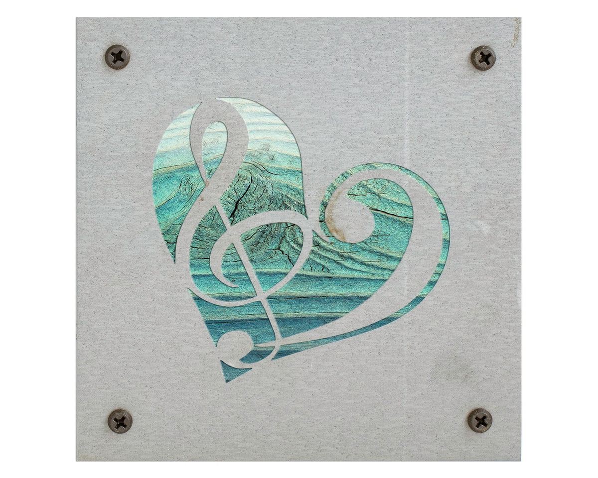 Music Heart Metal Wall Art on Reclaimed Wood, Treble Clef Sign, Musician Gift, 5.5 Inch Square Steel Sign, Music Teacher Gift