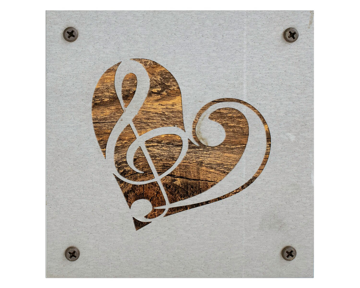Music Heart Metal Wall Art on Reclaimed Wood, Treble Clef Sign, Musician Gift, 5.5 Inch Square Steel Sign, Music Teacher Gift