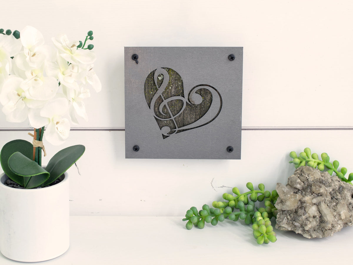 Music Heart Metal Wall Art on Reclaimed Wood, Treble Clef Sign, Musician Gift, 5.5 Inch Square Steel Sign, Music Teacher Gift