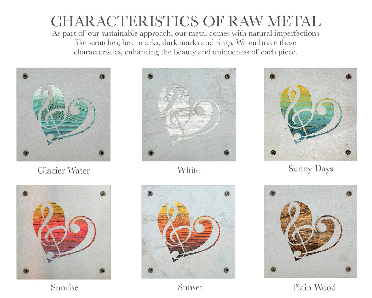 Music Heart Metal Wall Art on Reclaimed Wood, Treble Clef Sign, Musician Gift, 5.5 Inch Square Steel Sign, Music Teacher Gift