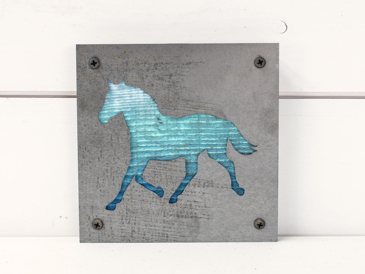 Horse Metal Wall Art on Reclaimed Wood, Western Decor, Horse Lover Gift, 5.5 Inch Square Steel Sign, Equestrian Gift, Barn Decor