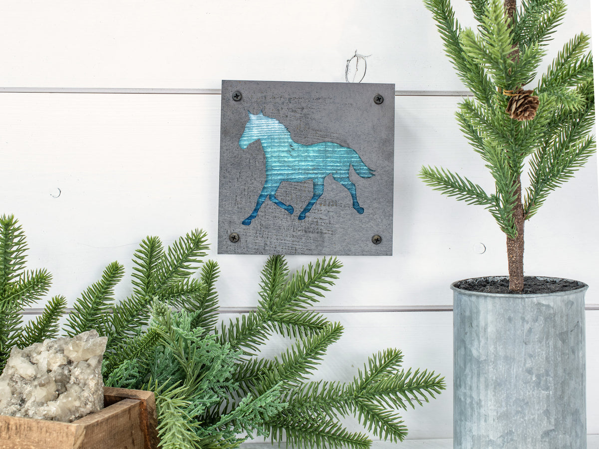 Horse Metal Wall Art on Reclaimed Wood, Western Decor, Horse Lover Gift, 5.5 Inch Square Steel Sign, Equestrian Gift, Barn Decor