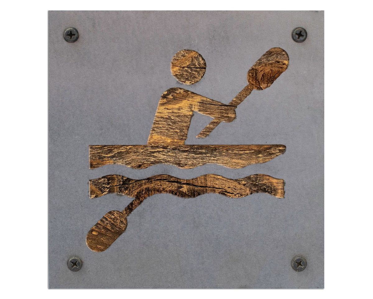 Kayaker Metal Wall Art on Reclaimed Wood, Kayaking Gift, Lake Cabin Decor