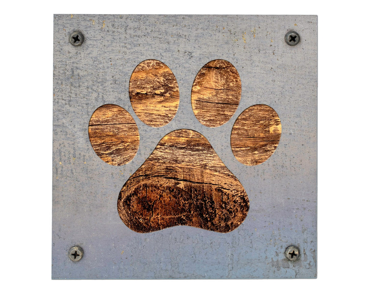 Paw Print Metal Wall Art on Reclaimed Wood, Dog and Cat Lover Gift, Pet Decor