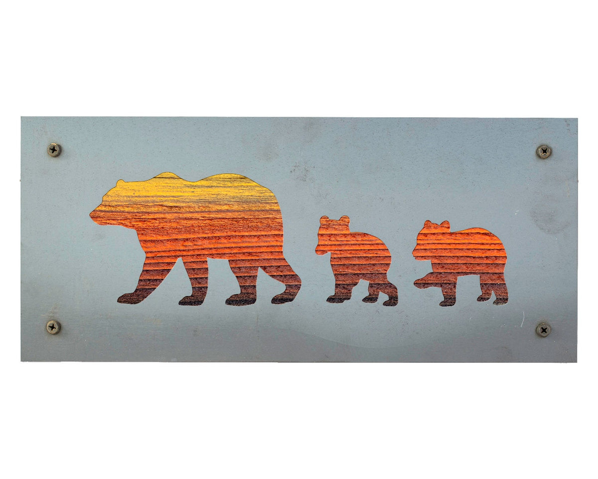 Bear Family Metal Wall Art on Reclaimed Wood, Mama Bear and Cubs, Cabin Decor