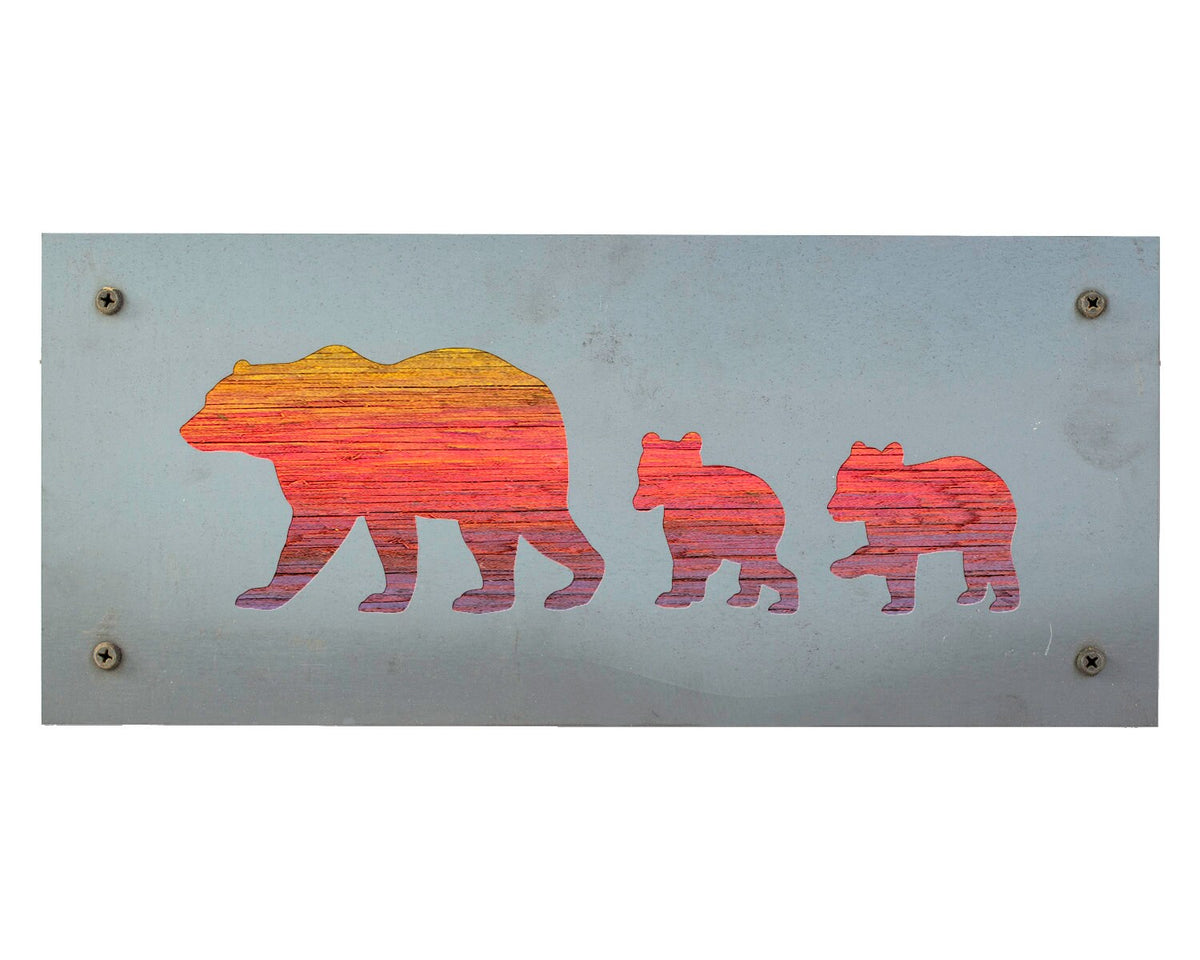Bear Family Metal Wall Art on Reclaimed Wood, Mama Bear and Cubs, Cabin Decor