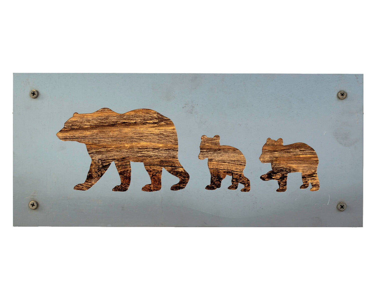 Bear Family Metal Wall Art on Reclaimed Wood, Mama Bear and Cubs, Cabin Decor