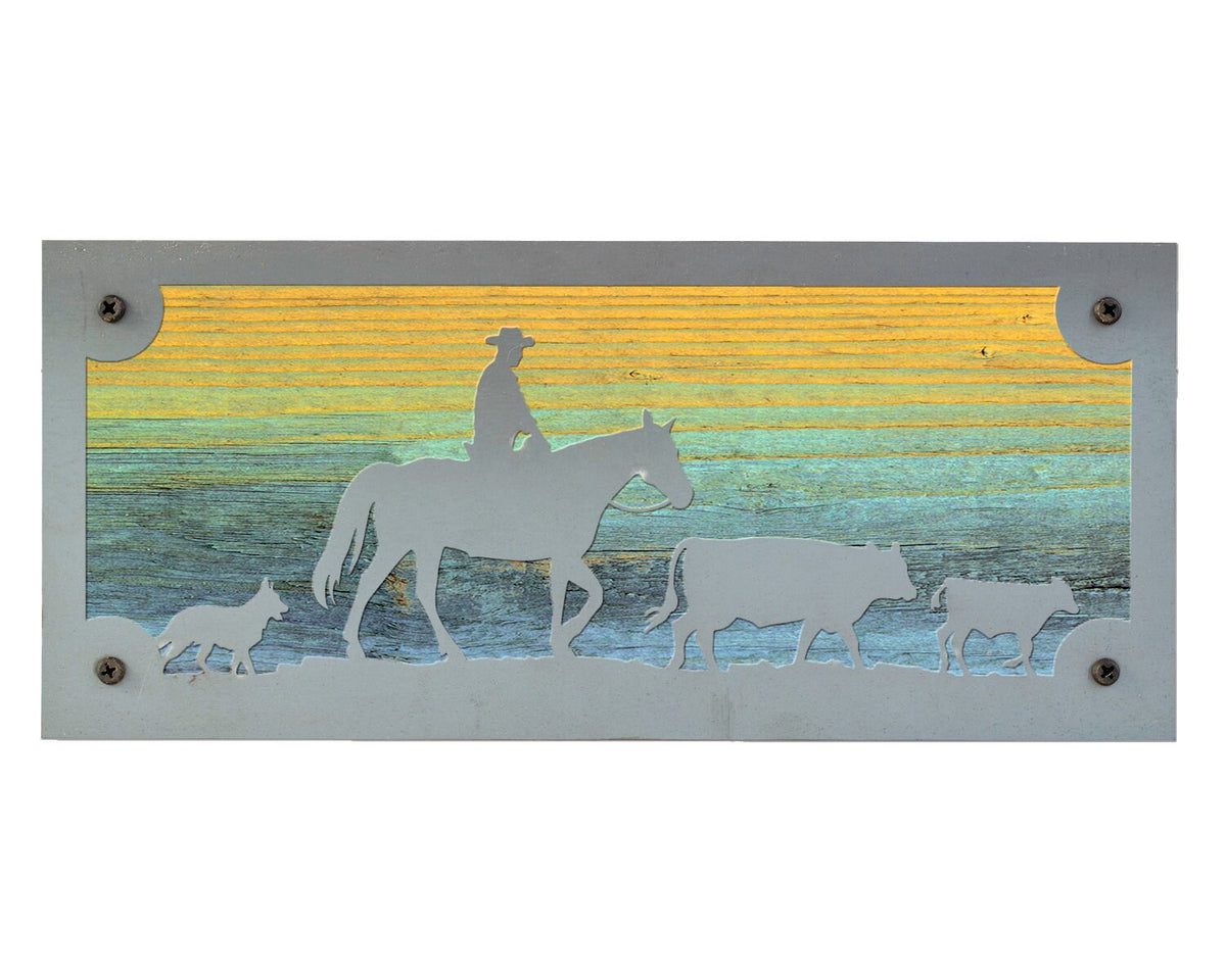 Cattle Ranch Metal Wall Art on Reclaimed Wood, Cowboy and Cows, Western Decor, 12.5 Inch Wide Steel Sign, Cattle Ranch Sign, Cowboy Gift