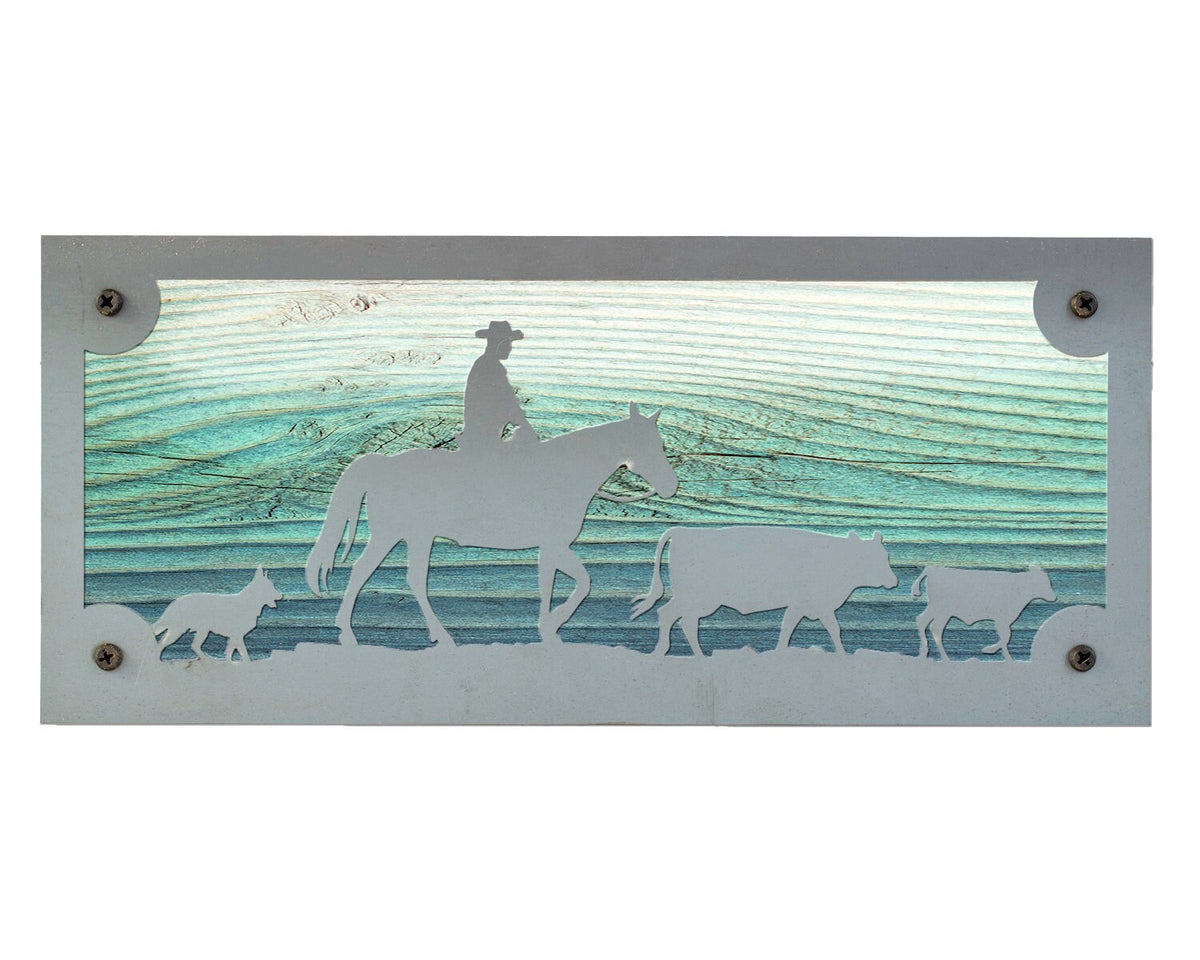 Cattle Ranch Metal Wall Art on Reclaimed Wood, Cowboy and Cows, Western Decor, 12.5 Inch Wide Steel Sign, Cattle Ranch S