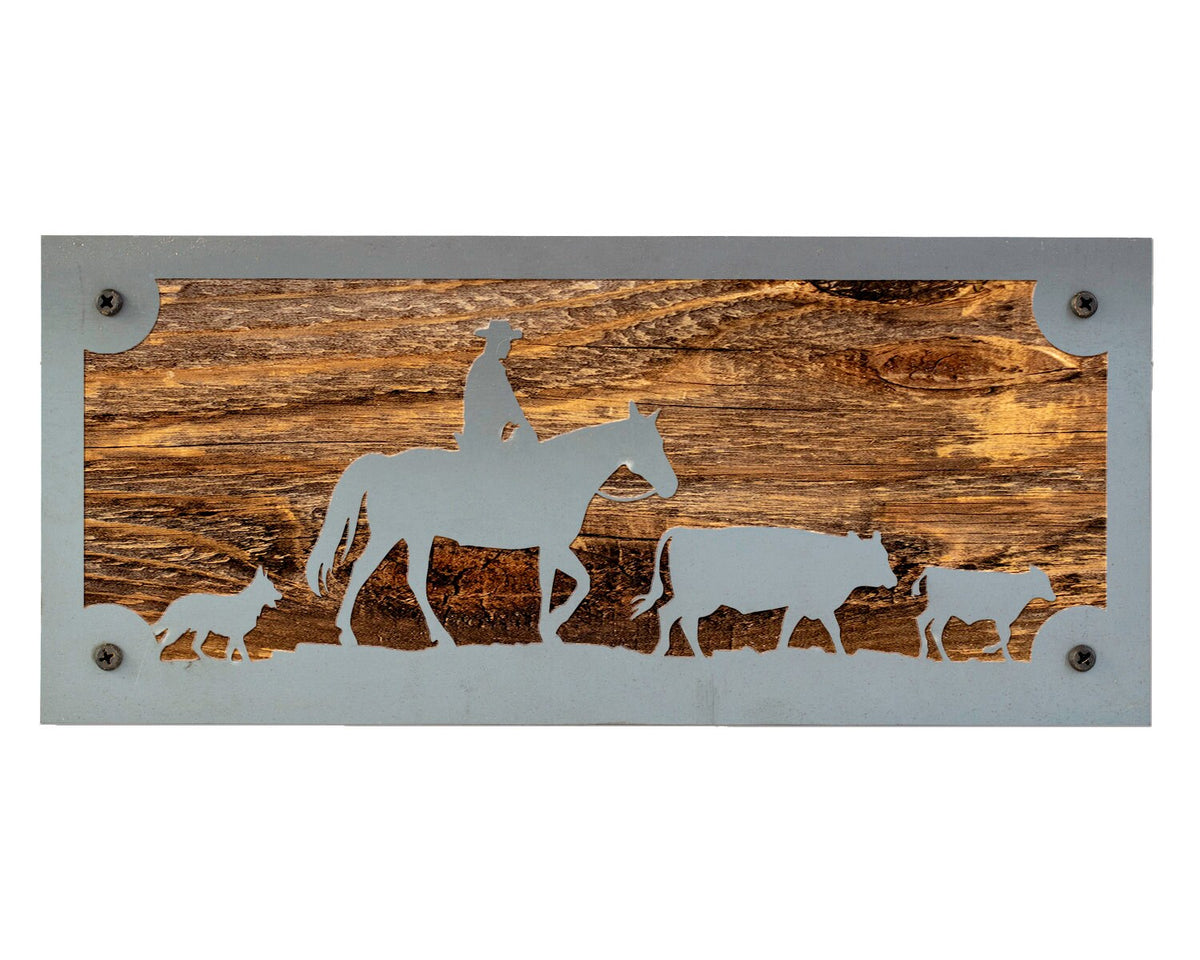 Cattle Ranch Metal Wall Art on Reclaimed Wood, Cowboy and Cows, Western Decor, 12.5 Inch Wide Steel Sign, Cattle Ranch Sign, Cowboy Gift