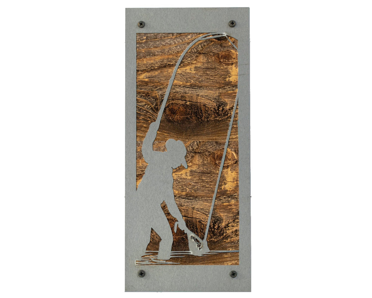 Fly Fisherman Metal Wall Art on Reclaimed Wood, Tall Fly Fishing Cabin Decor, Fishing Gift, 12.5 Inch Tall Steel Sign, Gift for Fisherman