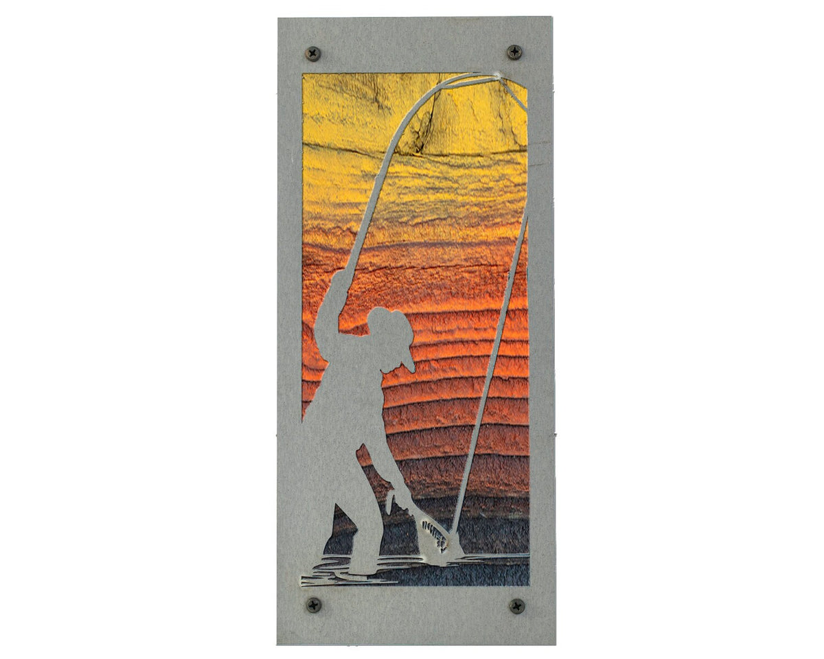Fly Fishing Angler Metal Wall Art on Reclaimed Wood, Tall 12.5 Inch Fishing Sign, Angler Gift