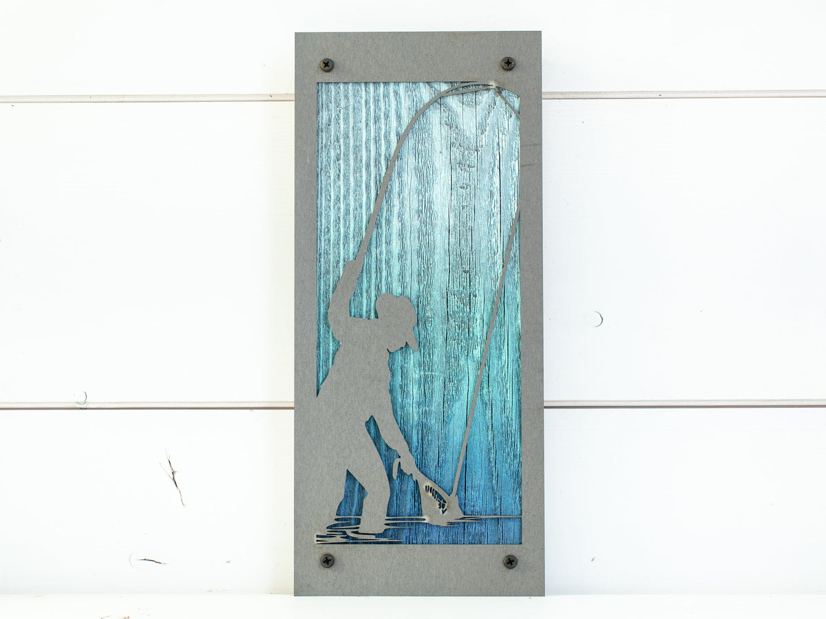 Fly Fishing Angler Metal Wall Art on Reclaimed Wood, Tall 12.5 Inch Fishing Sign, Angler Gift