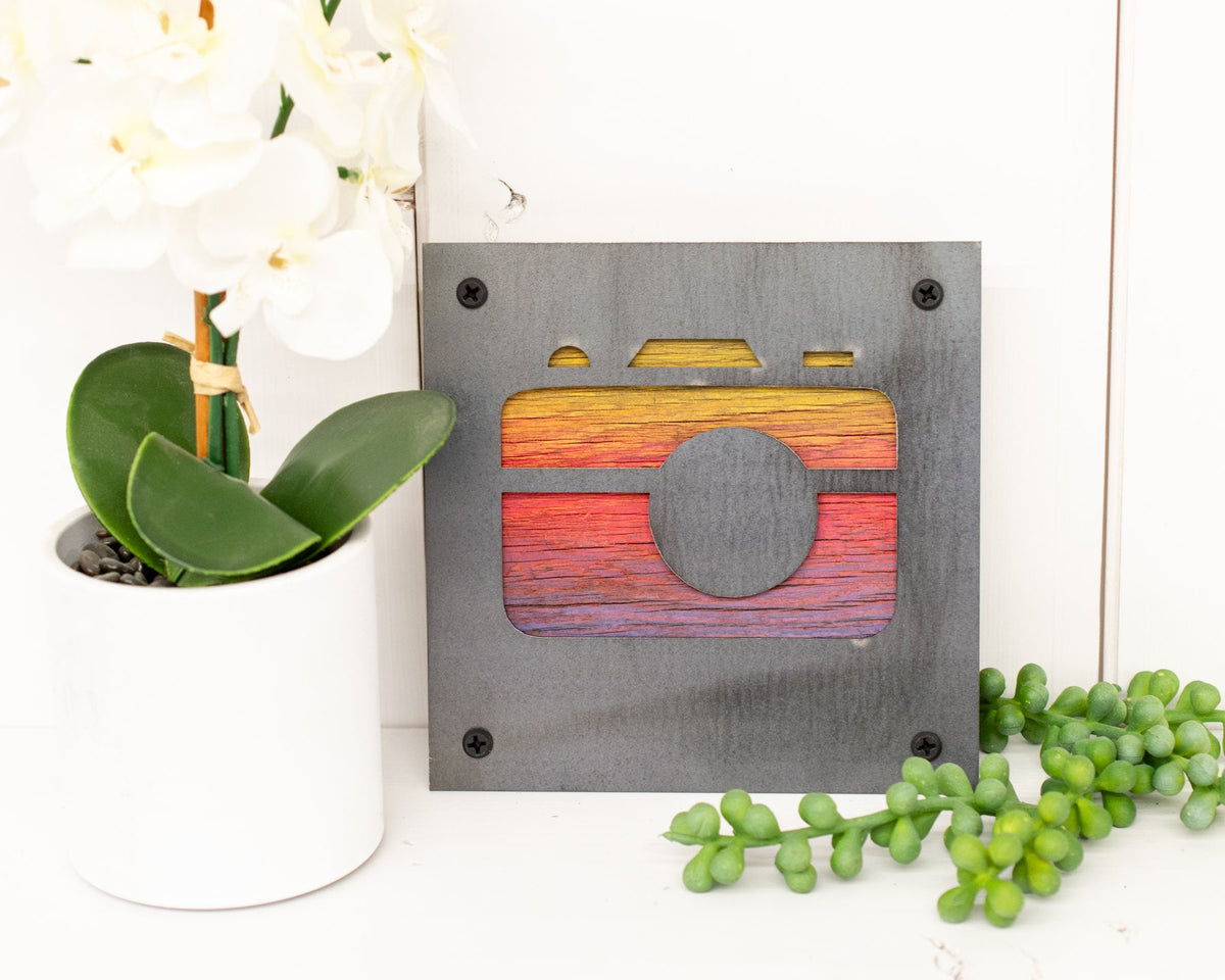 Camera Metal Wall Art on Reclaimed Wood, Photography Sign, Photographer Gift, 5.5 Inch Square Steel Sign, Photography Decor