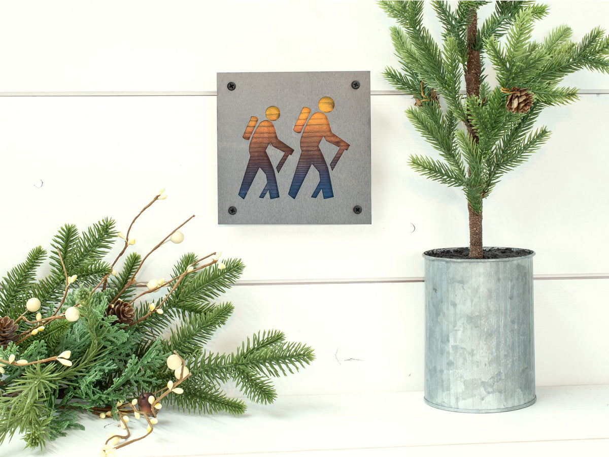Couple Hiking Metal Wall Art on Reclaimed Wood, Hiking Trail Sign, Hiker Gift